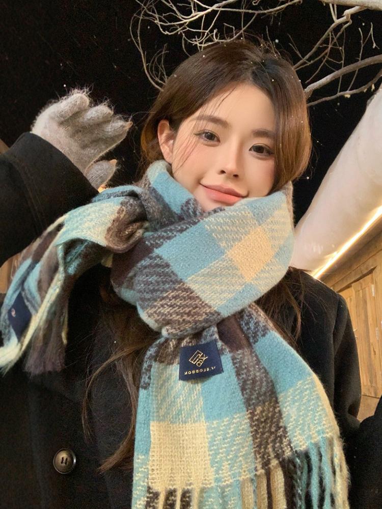 Casual Plaid Scarf Women Blue Plaid Warm Fringe Scarf Korean Style Fashion Soft Thick Shawl For Autumn Winter Unisex Male Lady