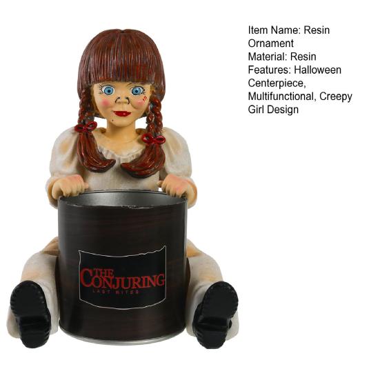 Horror Girl Figurine Creepy Girl Doll Popcorn Bucket Halloween Table Centerpiece Scary Girl Statue for Horror Themed Parties