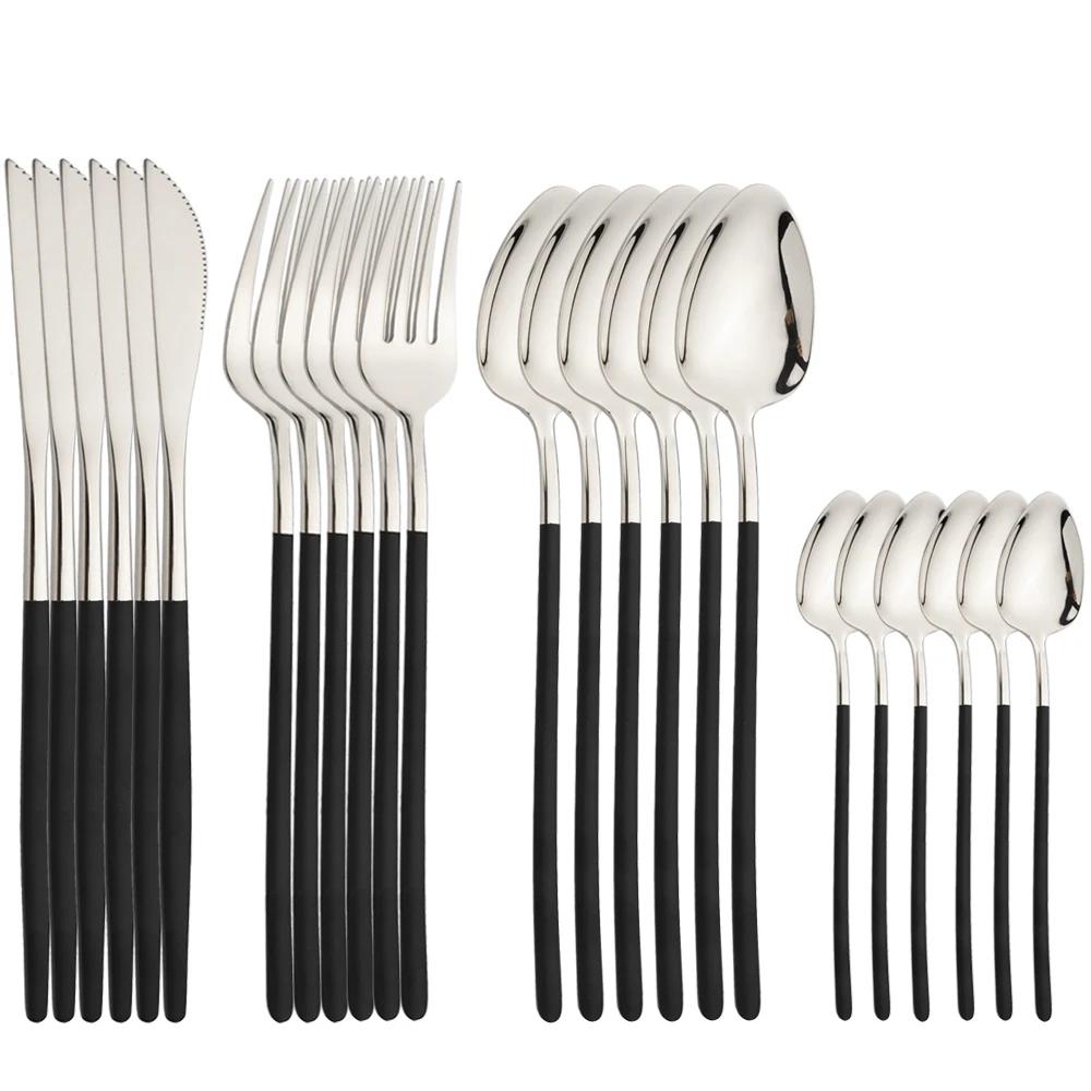 24Pcs Silver Cutlery Set Stainless Steel Dinner Knife Fork Spoon Dinnerware Set Kitchen Tableware Western Silverware