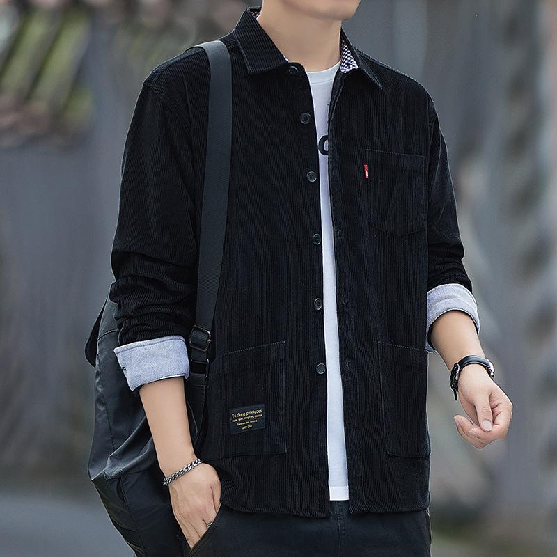 Men's Spring Corduroy Long-Sleeve Shirt Autumn Solid-Color Casual Multi-Pocket Loose-Fit Top