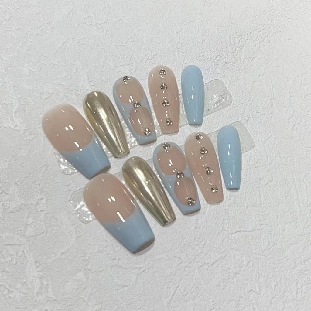 Pure Hand-wearing, Simple Blue French Nail Art Patch for Summer, Detachable Fake Nails