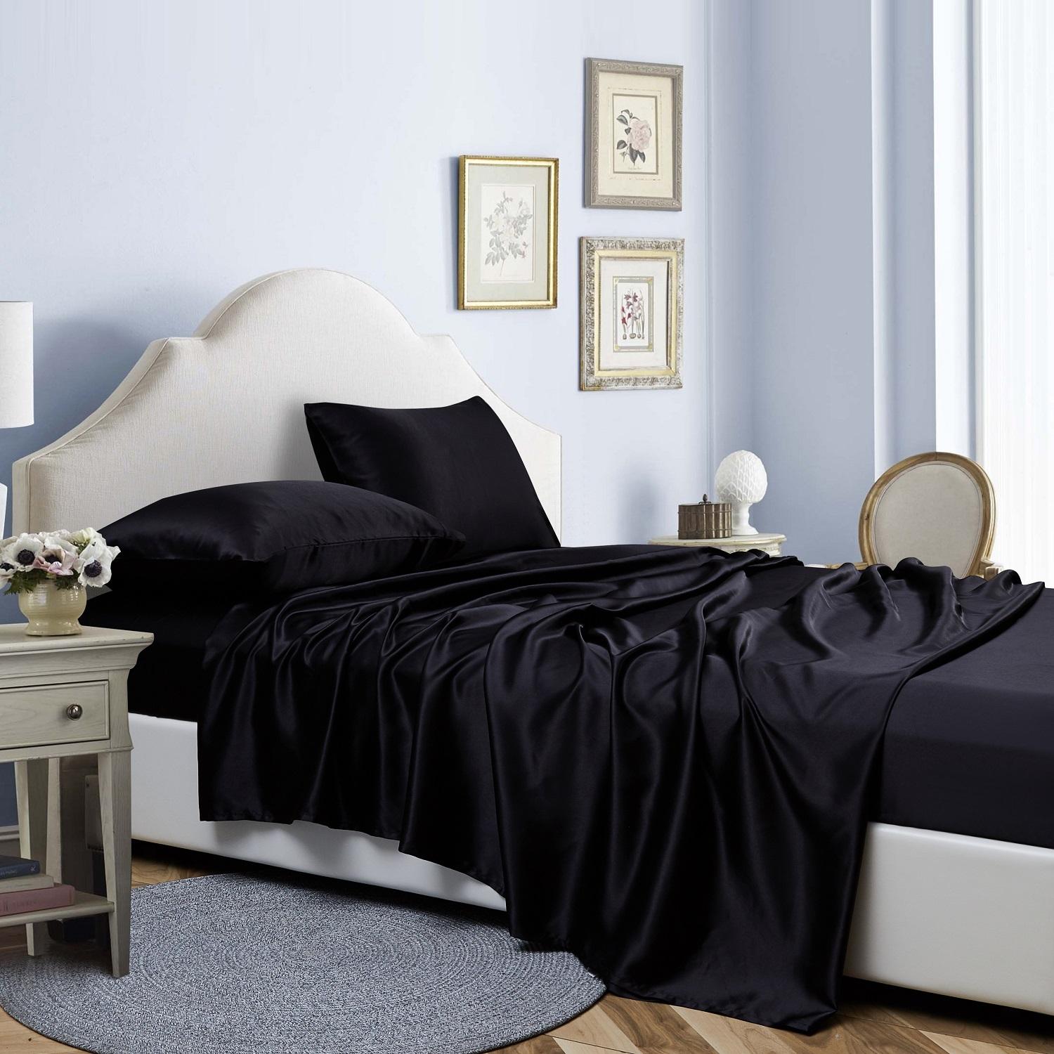 

12 цветов, набор из четырех предметов, однотонные роскошные простыни, шляпа, наволочка, домашнее постельное белье King чёрный