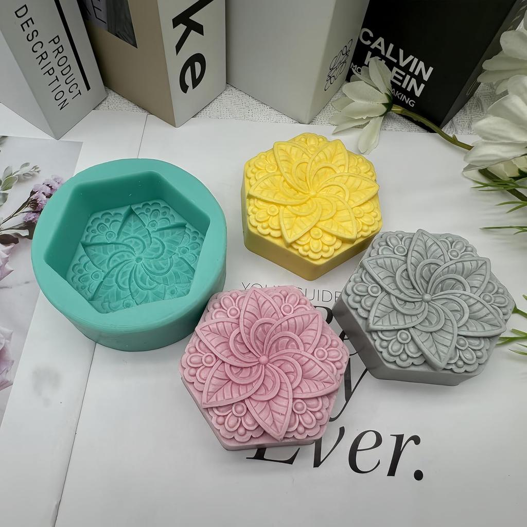 Hexagon Classical Pattern Soap Mold Candle Wax Molds,Decorated Epoxy Resin Aroma Plaster Diffuser Mould,DIY Silicone Mould for Handmade Soap Making