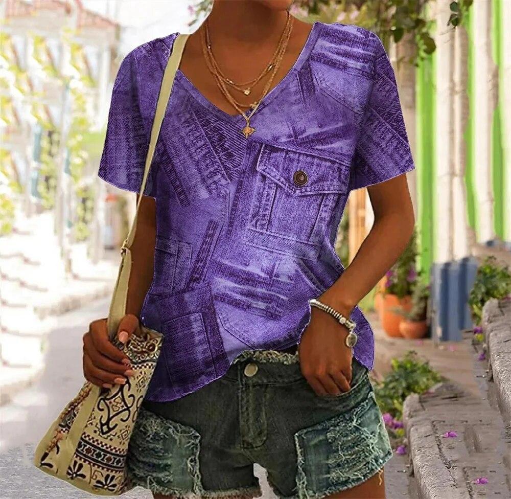 T-shirt con Volto Astratto Tasca Finta Stampa 3D T-shirt da Donna Scollo a V Manica Corta T-shirt Casual Y2K Top Harajuku Abbigliamento Femminile