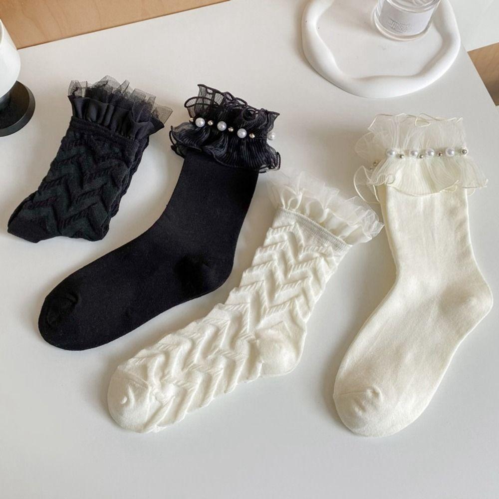 

Lolita Ruffle Socks Women French Cotton Socks Patchwork Mid Tube Socks Female Pearl