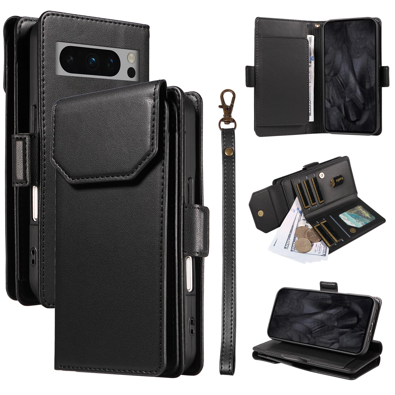 

Чохол для Google Pixel 8 Pro з тримачем для кількох карток і ремінцем, чохол-підставка з ПУ шкіри для телефону Black