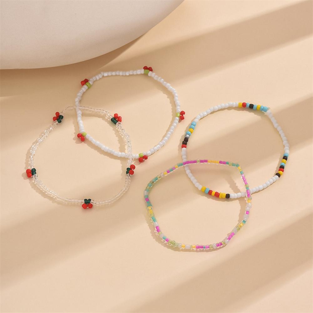 Multicolor Rice Beads Cute Small Cherry Anklets For Women 4pcs/Set Foot Chain Beach Jewelry Ankle Bracelet Summer Accessories