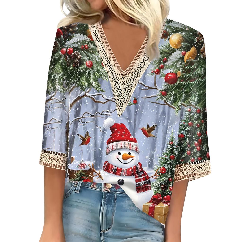 Women's Loose Casual Three-quarter Sleeve V-neck Lace Loose Christmas Print T-shirt Top