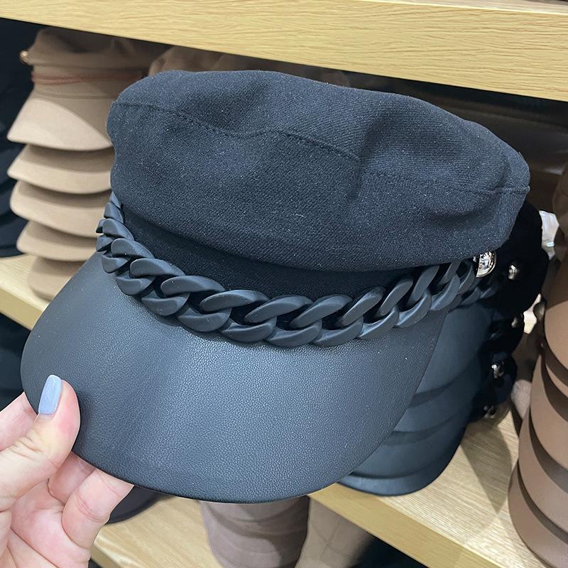 Autumn and winter chain splicing navy hat casual woolen newsboy hat versatile octagonal hat British beret