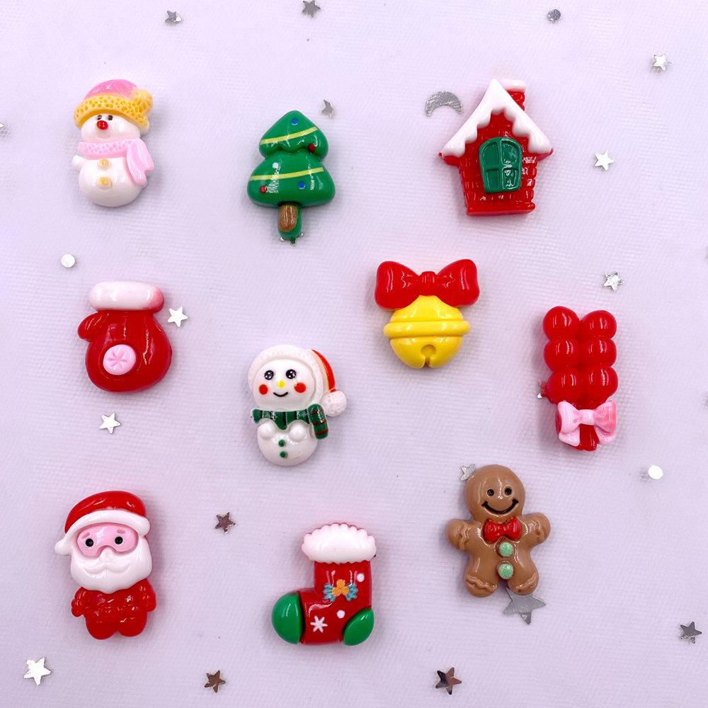 10PCS Resin Colorful Christmas Tree Santa Claus Snowman House Glove Flatback Stone Cartoon Figurines Scrapbooks DIY Decor Crafts