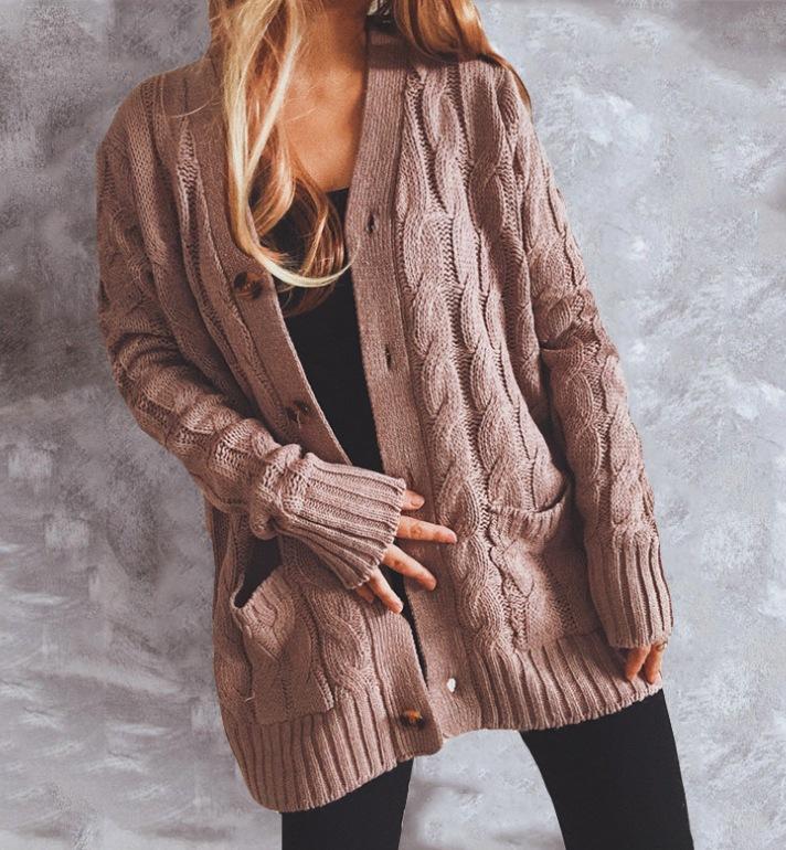 

Осень и зима новый однобортный толстый карман с длинным рукавом вязаный свитер кардиган пальто женское 3526 EMA 2XL хаки