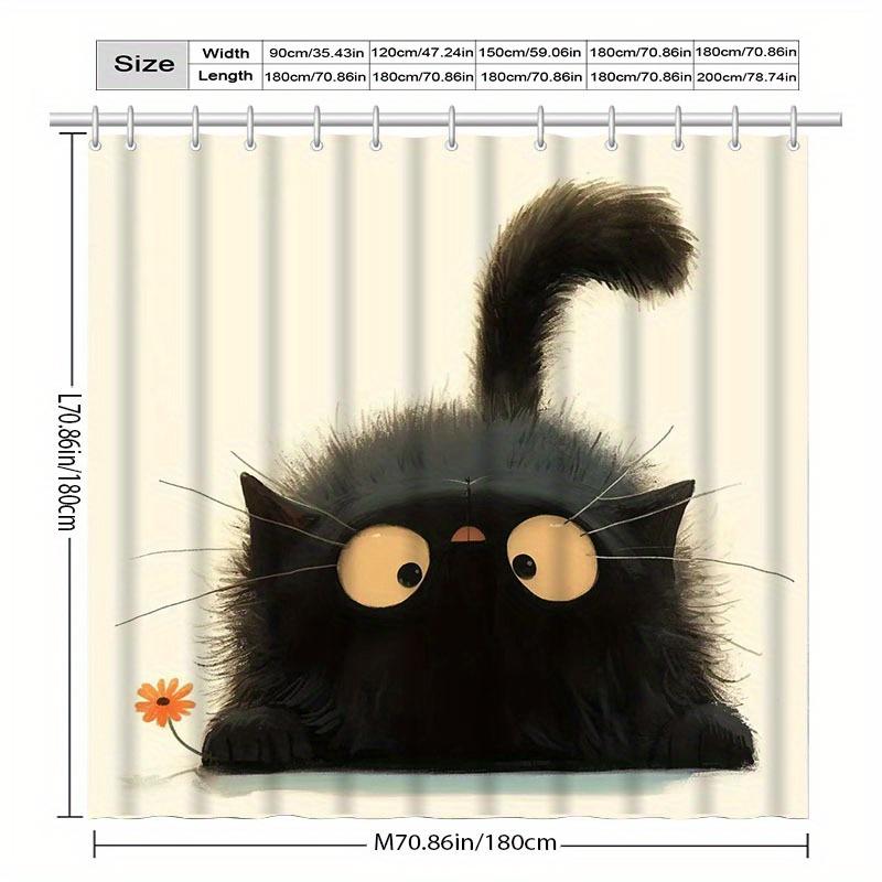 1 Elegant Black Cat Shower Curtain - Polyester Bathroom Decor With Artistic Fluffy Cat Pattern, Hook Included, Polyester Fabric