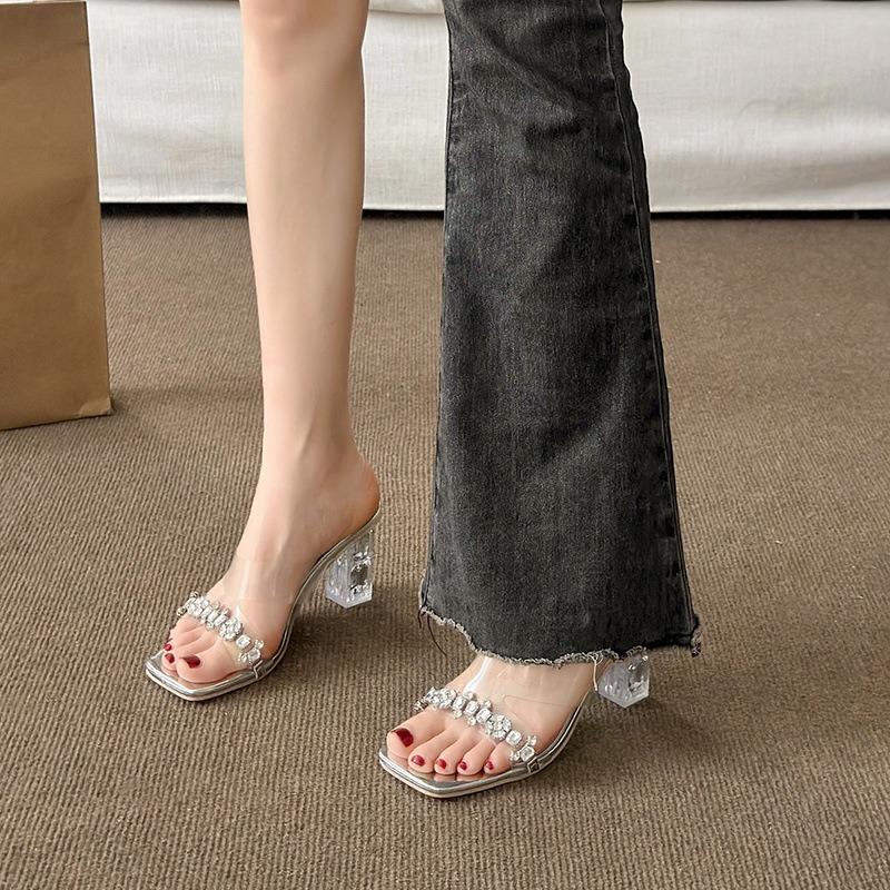 

High Heels New Style Shoes Transparent One-strap Sandals Thick-heeled Slippers 35 срібний