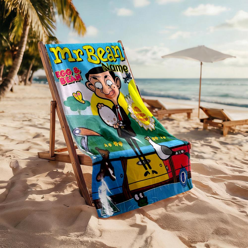 Mr Bean's Egg Adventure Personalized Name Beach Towel Super Soft Microfiber Quickdry Fabric Perfect for Traveling Yoga Camping and Swimming