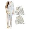 [Toozozu] Heart Pattern Pajamas, Top and Bottom Set, Open Front - Women's V-Neck Lapel Pockets, Thin, Long Sleeves, Room Wear, Loungewear, Long