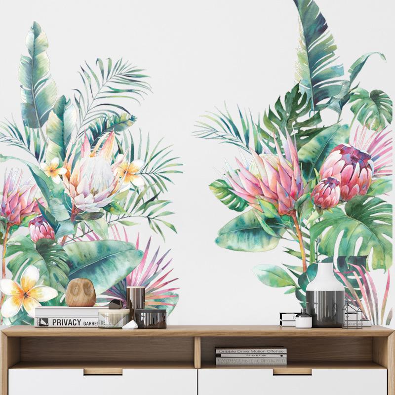 Tropical Green Leaves and Floral Wall Sticker Self-Adhesive Removable for Living Room Entryway Home Decor