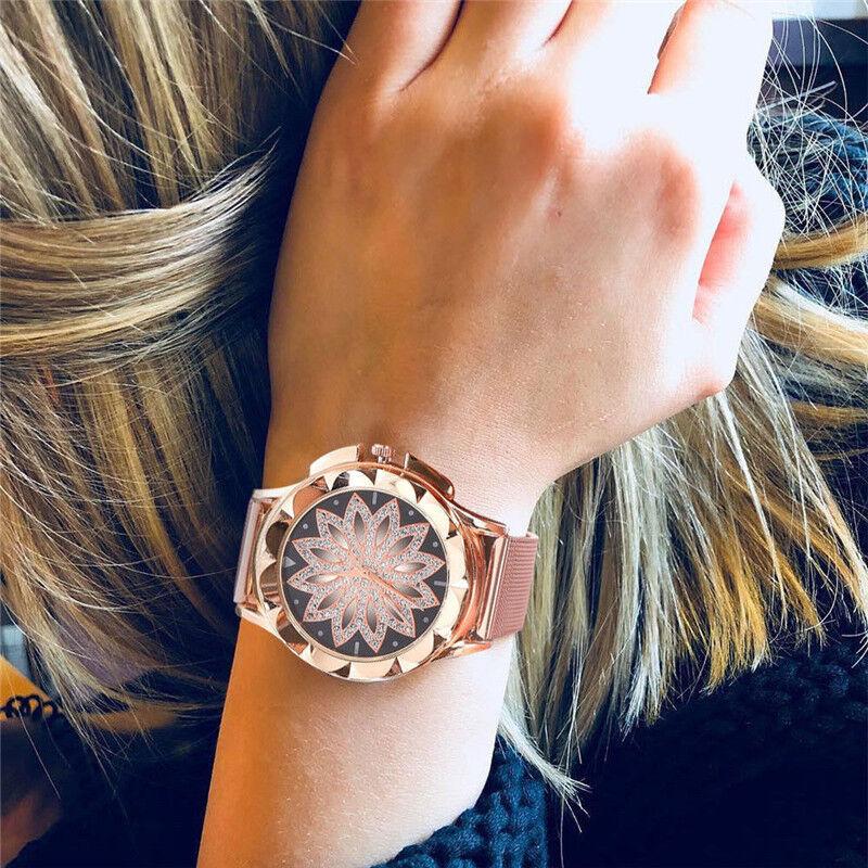 Gold Rose Crystal Flower Women Watches Ladies Quartz Alloy Mesh Watch New