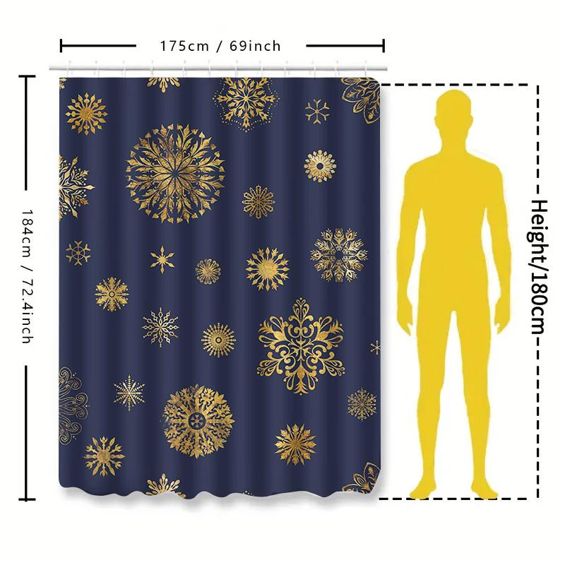 Luxurious Golden Snowflake Printed Blue Shower Curtain Home Decor Waterproof Privacy Shield 72X84In (183X213Cm)