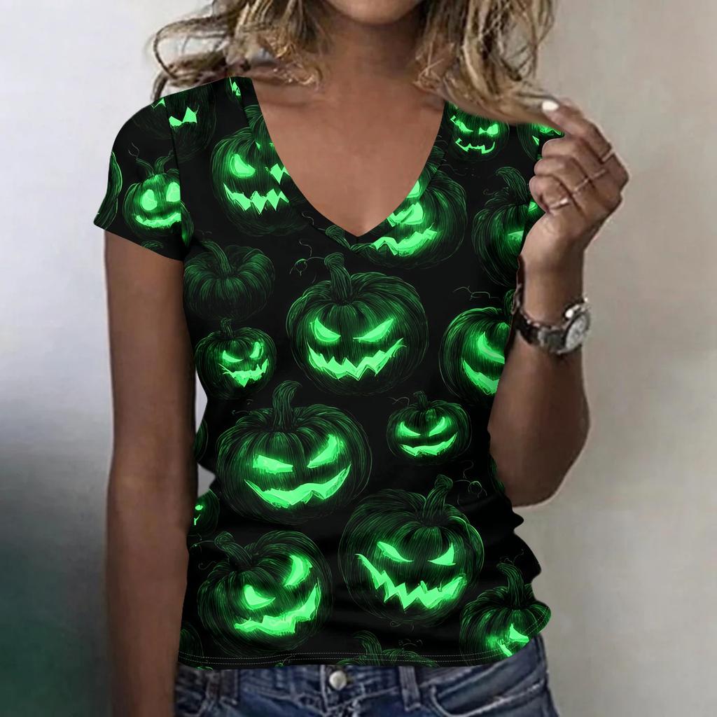 Women's V-Neck Halloween Print Lightweight Blouse for Spring and Summer