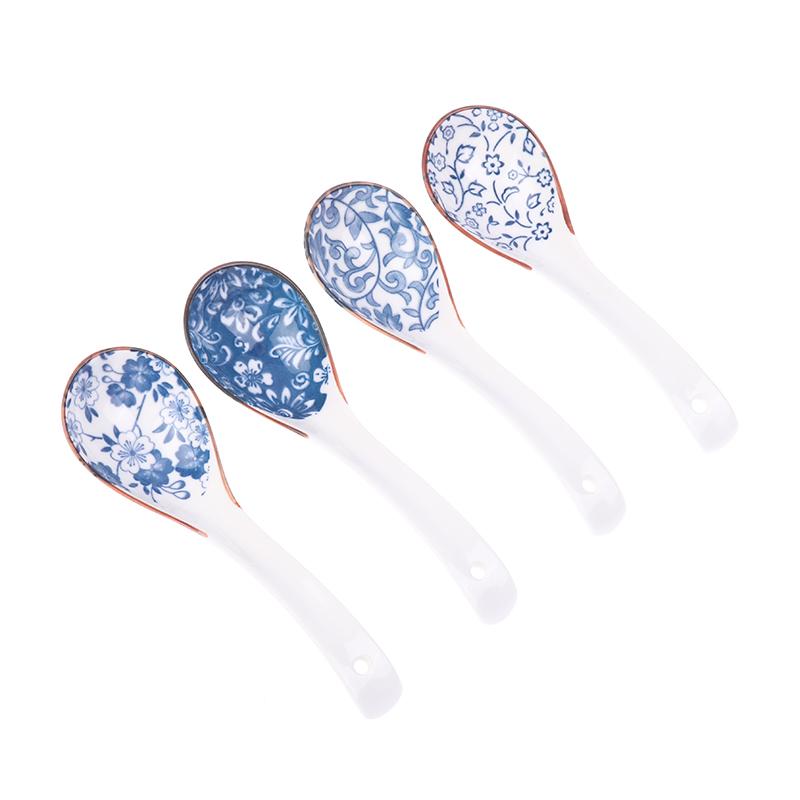 1Pc Blue And White Porcelain Soup Spoon Household Tableware Retro Japanese Style Ceramic Soup Spoons For Home Restaurant