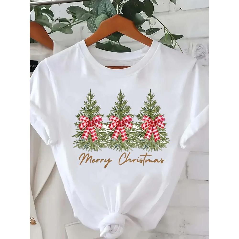 Printed Fashion New Year Women's T-shirt Top Merry Christmas Clothing Coffee Love Cute Holiday Pattern Round Neck Short Sleeve