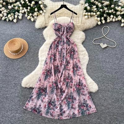 Abito Lungo Sexy Scollo a V Stampa Floreale Spalline Sottili per Donna Moda Estiva Senza Spalline Allacciatura Slim Abito da Festa Abito da Spiaggia