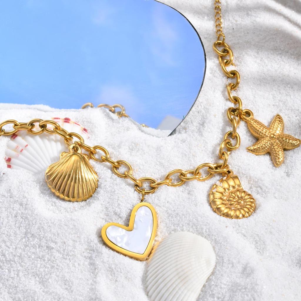 Shell Starfish Conch Charms Bracelet for Women,18k Gold Plated Stainless Steel Summer Beach Waterproof Jewelry