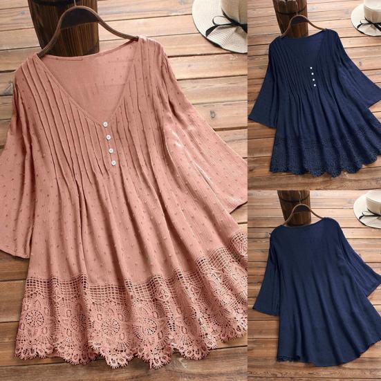 Damen Halbsleeve Nähte Ausgeschnitten Blumen Spitze Saum Knöpfe Dekoration Bluse