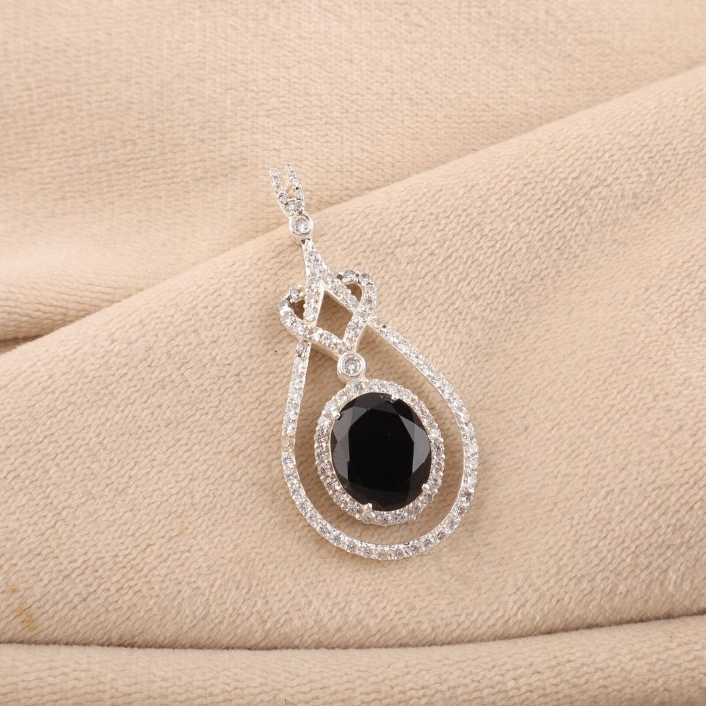 Natural Black Onyx Gemstone 925 Sterling Silver Jewelry Zircon Pendant 1.73" CZP-6-7