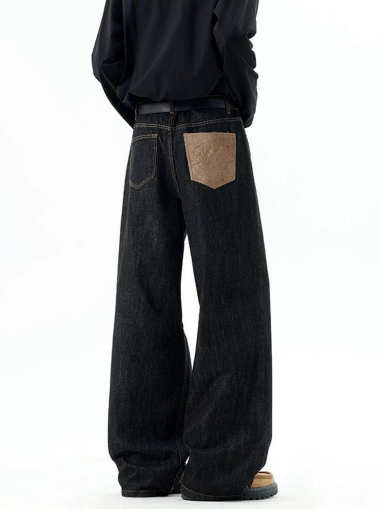 American Primary Color Jeans Men's Trendy Brand New Retro Splicing High-end Wide-leg Casual Trousers