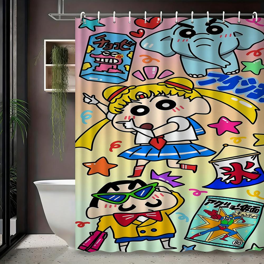 Crayon Shin-Chan & Friends Adventure On Rocks 2D Print Waterproof Shower Curtain, Blue Night Anime Bathroom Decor With Hooks
