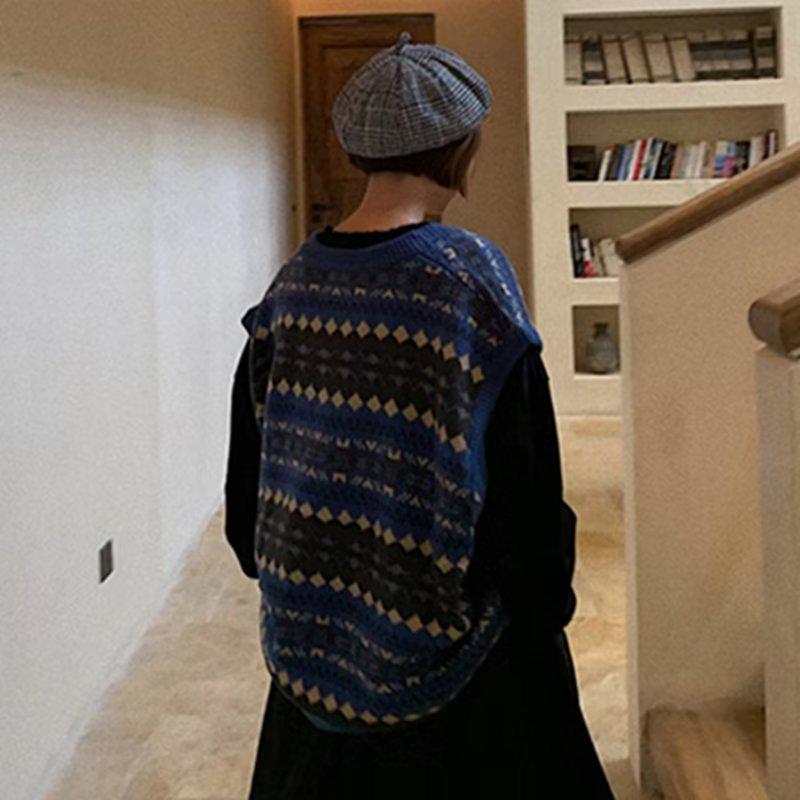 

Мужской корейский ретро-вязаный жилет с V-образным вырезом – нейтральный, свободный жилет для весны и осени XL синий