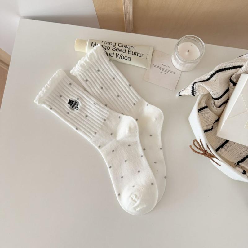 

Autumn and Winter Embroidered Cat Polka Dot High Rubber Band Versatile Socks, Women s Mid-calf Socks, Bubble Mouth Lace Long Socks 1 pair