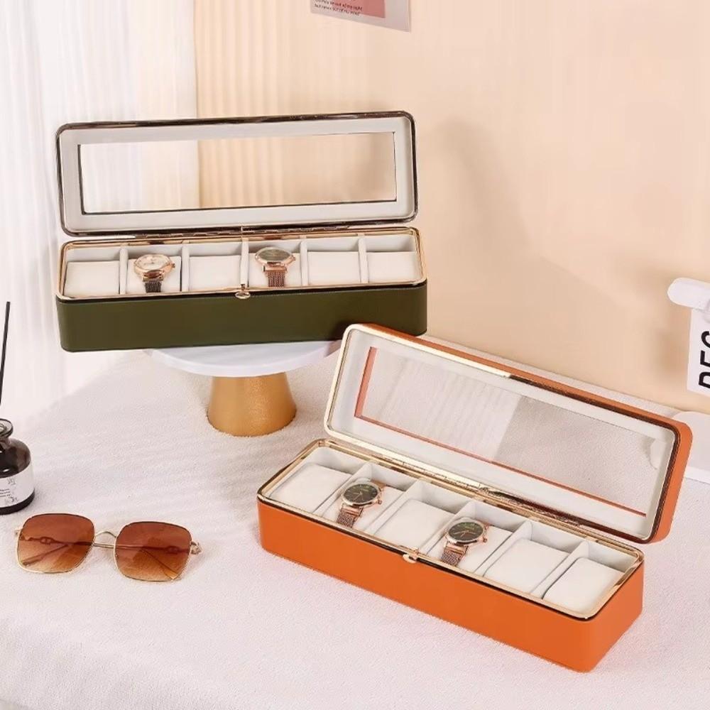 Neue PU-Leder-Uhrenaufbewahrungsbox 6 Fächer Fenster Sichtfenster Uhren-Displaybox Transparenter Deckel Weiches Innenfutter Uhrenhalter