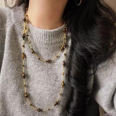 Boutique Vintage Maillard Style Natural Tiger'S Eye Stone Sweater Chain Necklace Clavicle Chain