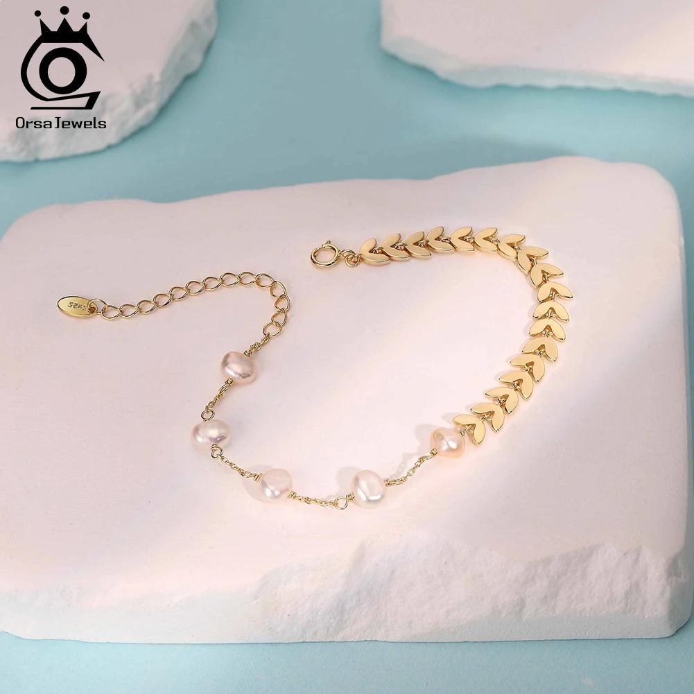 ORSA JEWELS 925 Sterling Silver Vintage Chunky FishBone Link Chain Bracelet with Pearl for Women Girls Fashion Jewelry GPB45