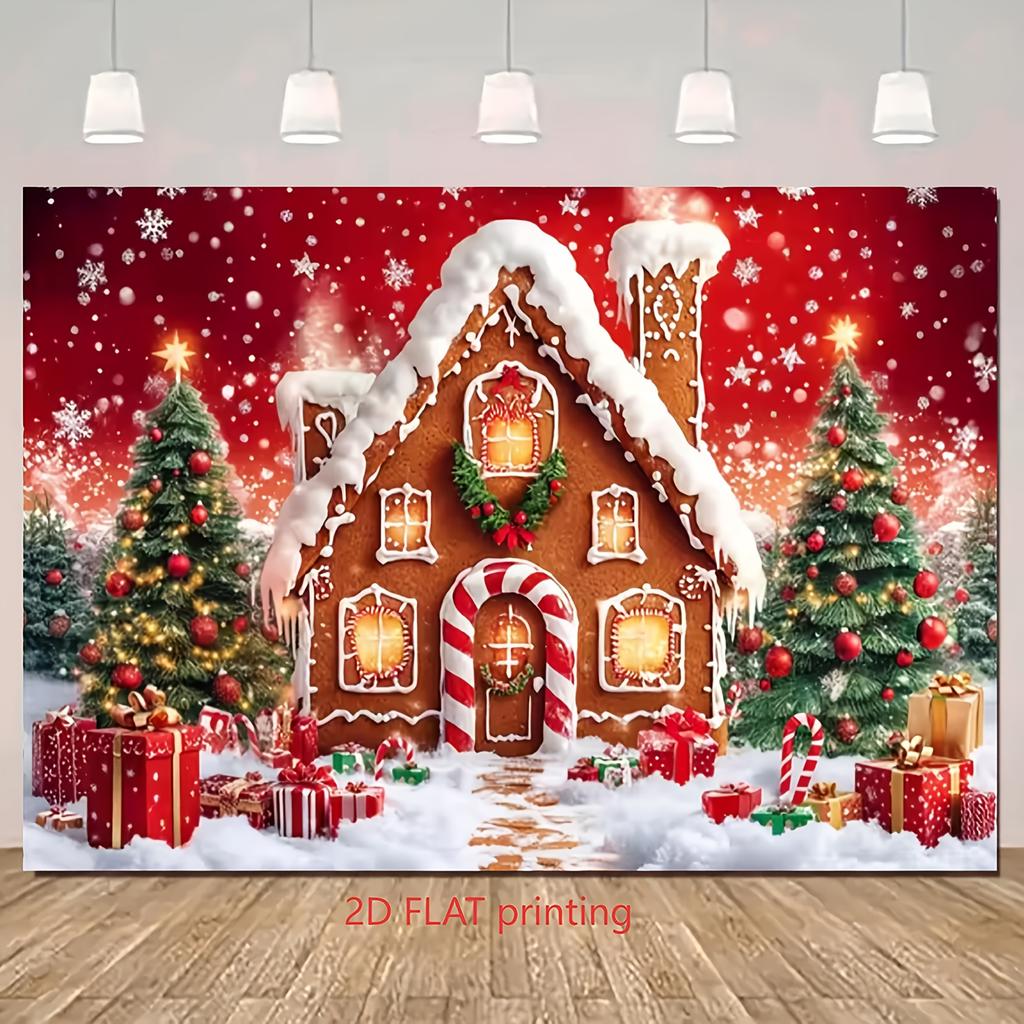1pz Stoffa Sfondo Invernale Natalizio Albero di Natale Scatola Regalo Neve Casa di Pan di Zenzero Design Striscione Sfondo Festa