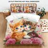 Whimsical Black Cat Art Duvet Cover Set, Colorful Floral & Sun Print Bedding, 2D Flat Printed