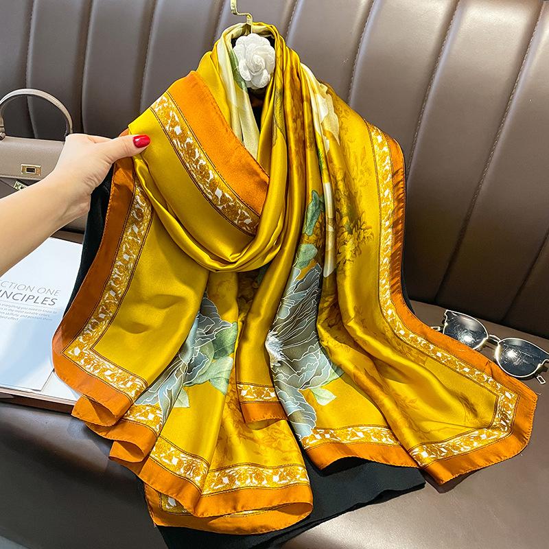Painting Floral Design 100% Silk Feeling Scarf For Women 180X90Cm Shawl Wraps Luxury Female Hijab Headband Foulard Beach Stoles