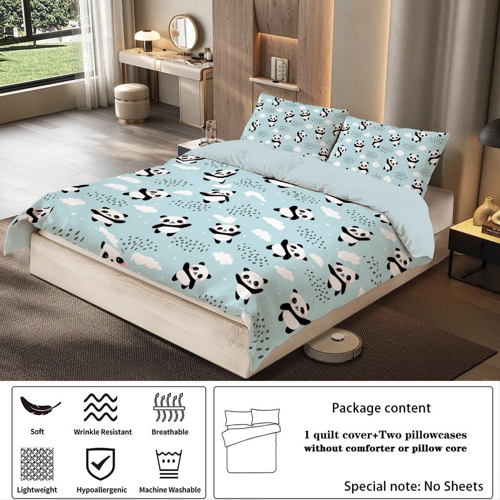 3-teiliges Bettbezug-Set (1 Bettbezug + 2 Kissenbezüge, ohne Füllung), süßes Panda Digitaldruck Bettwäsche-Set, weich, warm, hautfreundlich