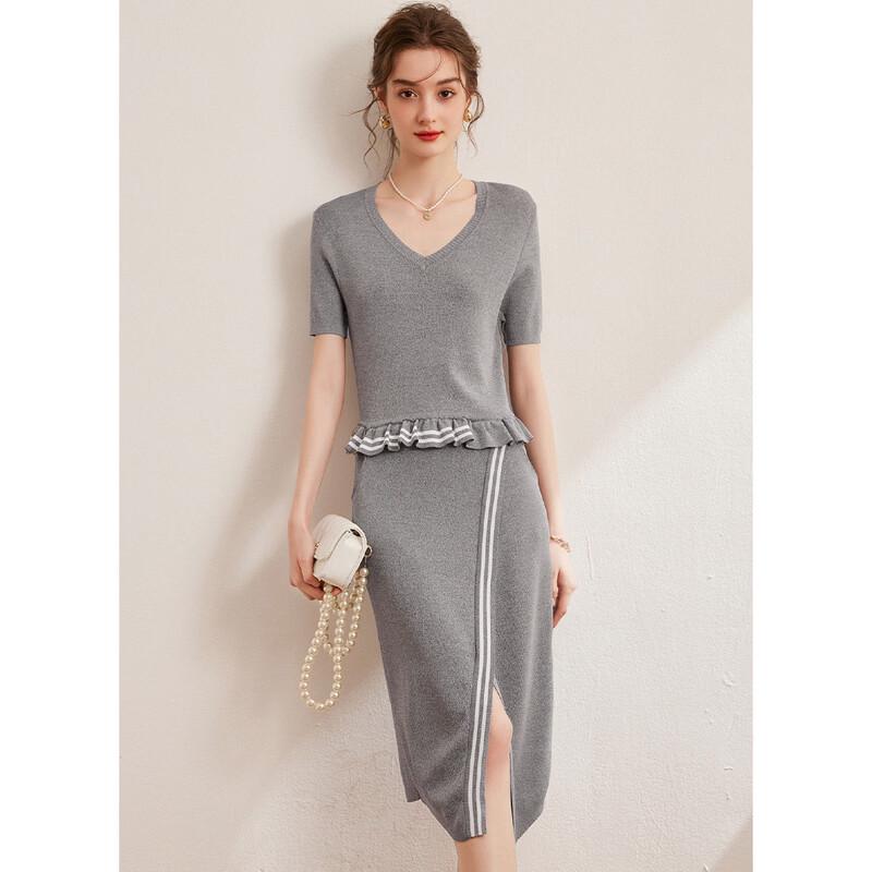 Bailuyu V-Neck Color-Block Striped Knit Midi Dress L