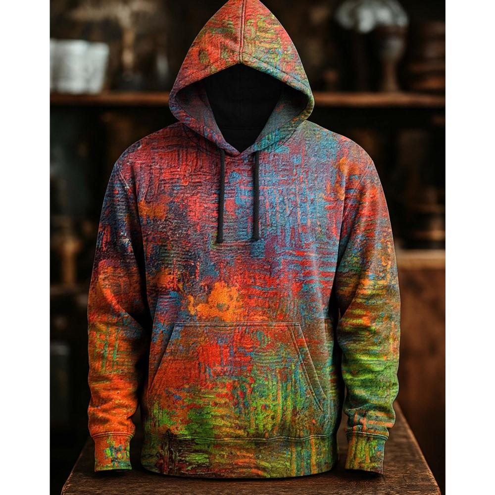 Men's Multicolor Art Print Hoodie, Irregular Graphic Pullover, Urban Streetwear Style, Fall Winter Comfort Wear