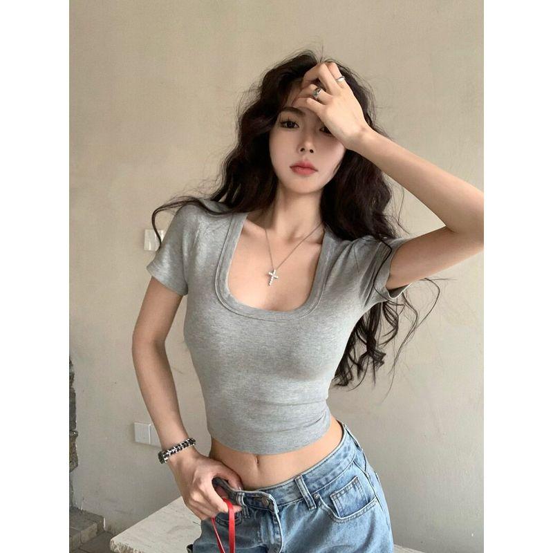 Summer Simple Basic Style Slim-Fit Low U-Neck Short-Sleeve T-Shirt for Women, Sexy Crop Top