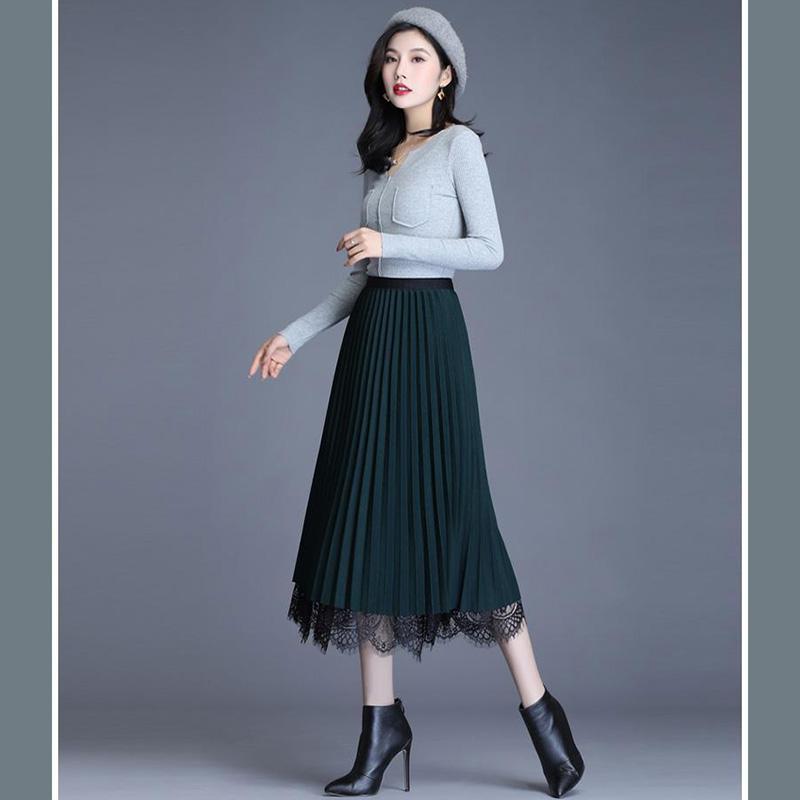 Beidseitig tragbar Goldener Samtgarn Bedruckter Spitzrock Damen Midilänge Elastischer Bund Plissee-Rock Schule Arbeit Reise