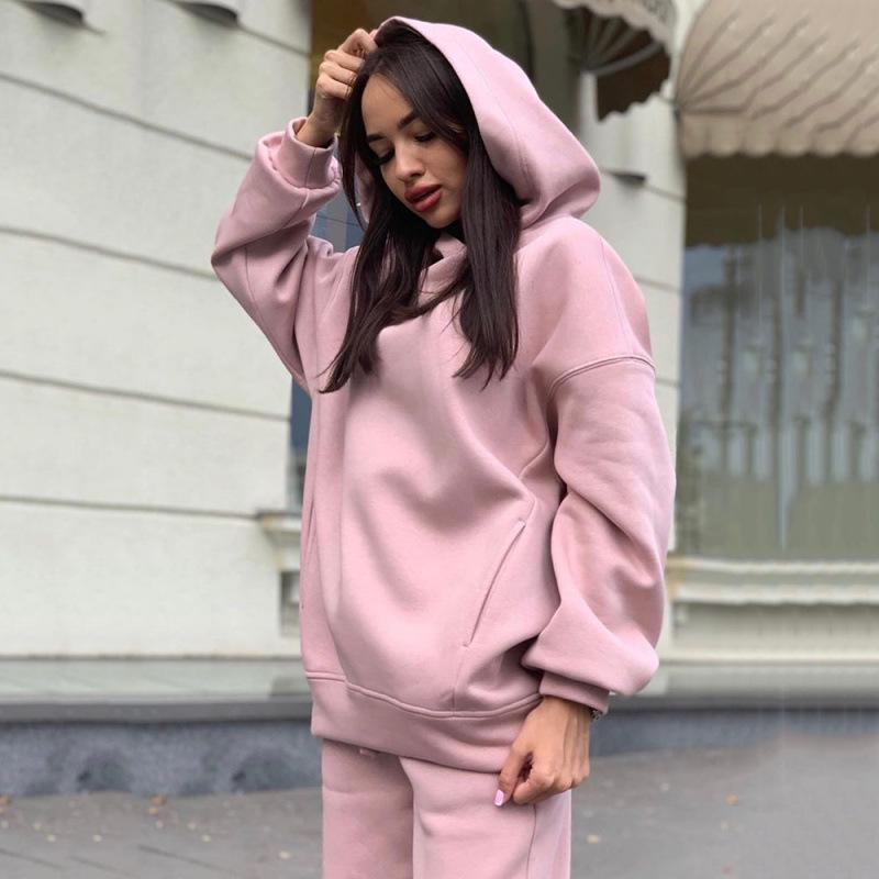 2024 Trendy Solid Color Hooded Sweatshirt & Casual Two-Piece Set for Autumn/Winter