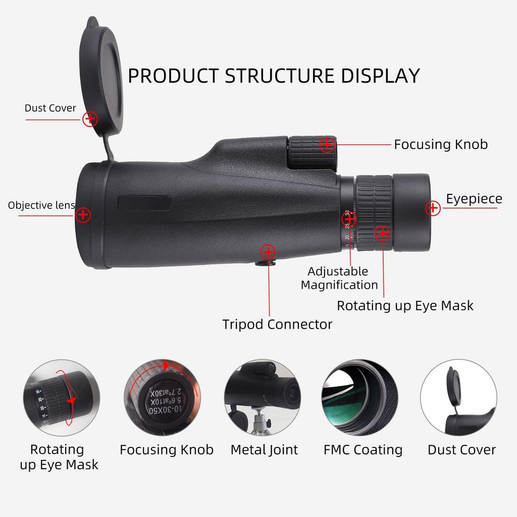 10-30x50 High Power Monocular Telescope Adjustable Magnification with Smartphone Holder Tripod FMC Coating BAK4 Prism Waterproof and Anti-fogging