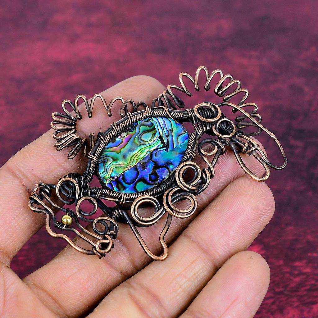 Abalone Shell Gemstone Pendant Handmade Copper Wire Wrap Jewelry Rabbit Pendant