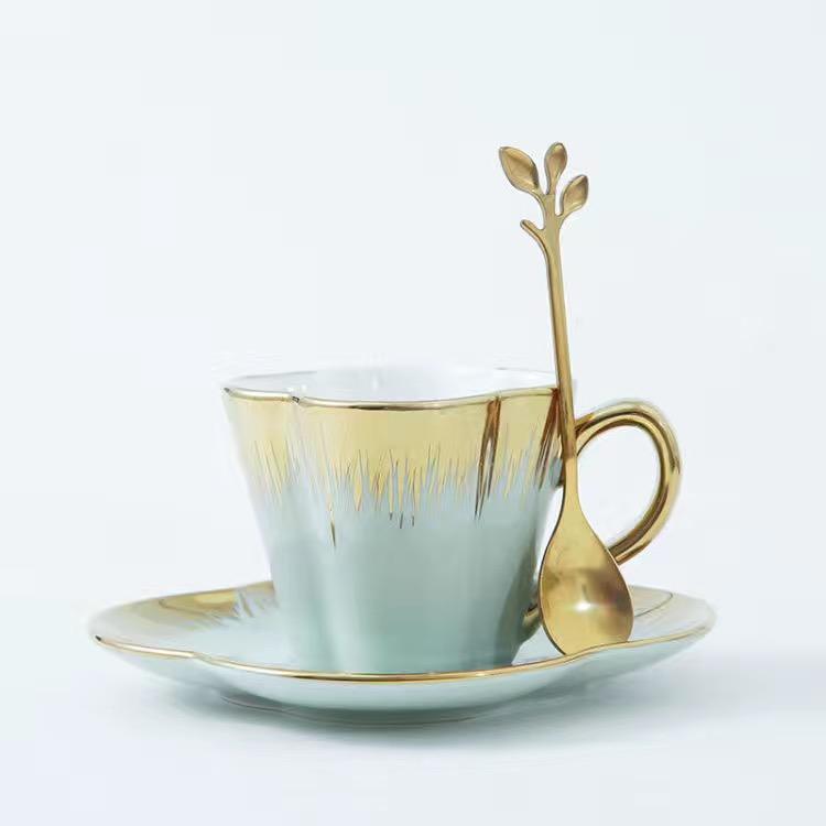 Creative Flower Shape Tracing Gold Coffee Cup Plate Two Piece Set Mug Water Cup Coffee Cup Milk Cup Breakfast Cup Afternoon Tea