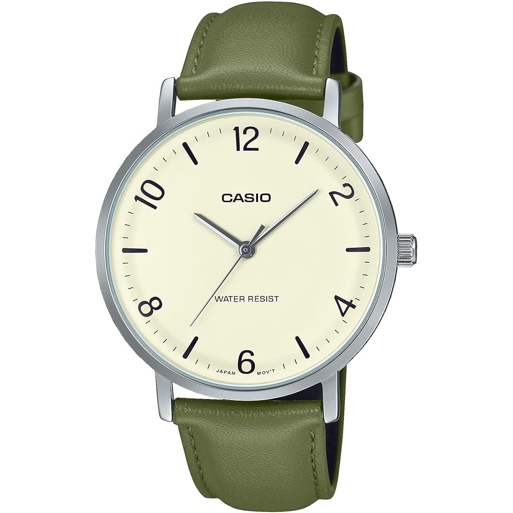 Casio MTP-VT03L-7B Men s Minimal Green Leather Band Beige Dial Analog Watch 3-Hand