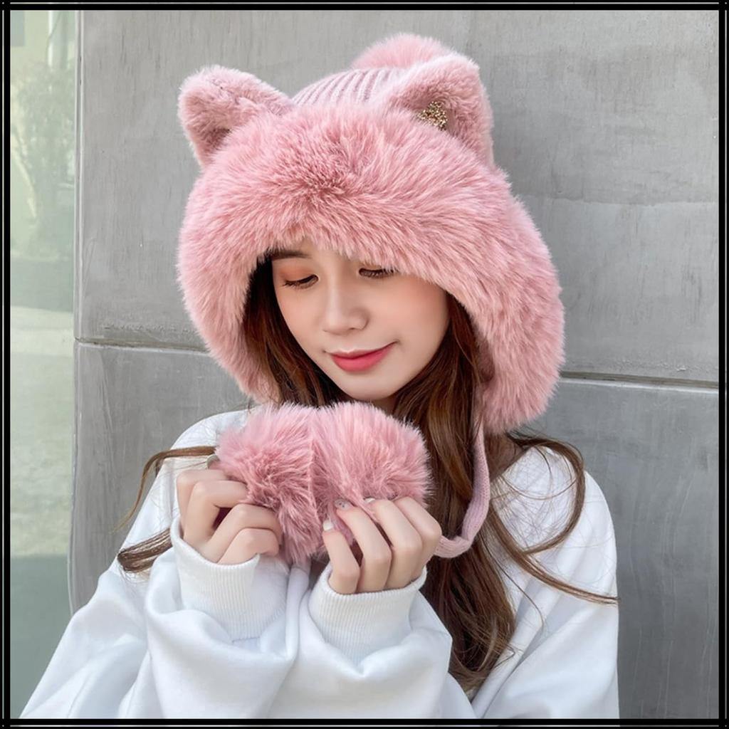 White Fang Winter Cat Ear Hat with Fluffy Cute Animal CZ381 Women's Ears, Costume, (Pink)